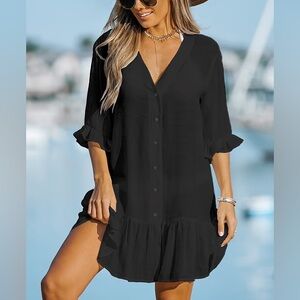 Black Button-Down swim cover up with Ruffle Sleeves
